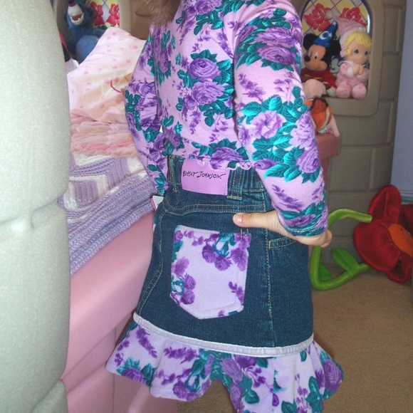 Betsey Johnson Skirt Top Set Denim Velvet Ruffle Lavender Girls 3T Roses Vintage - Picture 8 of 8